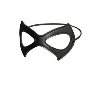 Black faux leather cat mask for Halloween party, cosplay costume accessory with elastic band.