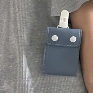 Portable baby pacifier storage bag with clip and snap buttons, grey blue mini pouch for stroller.