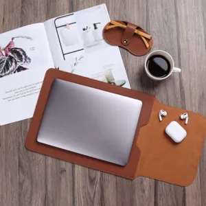 Brown PU leather laptop sleeve business computer bag large organizer pad with accessory flap