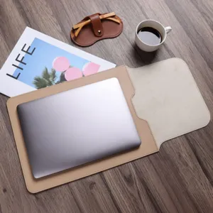 Beige PU leather laptop sleeve business travel waterproof computer storage bag for men women