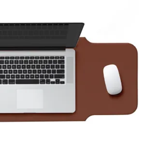 Brown PU leather desk mat and laptop sleeve with extended mouse pad area, top view main photo.