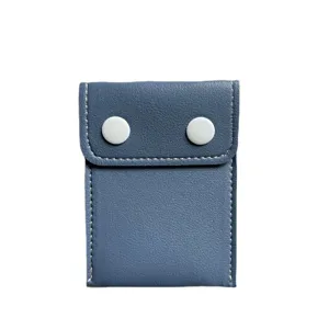 Portable baby pacifier storage bag blue PU leather mini pouch with white snap buttons