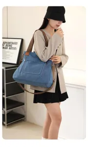 Canvas tote shoulder bag detail view, casual large capacity cross body handbag for women.