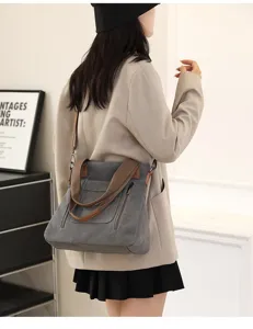 Canvas tote bag for women, casual single shoulder crossbody bag with large capacity and zippers.