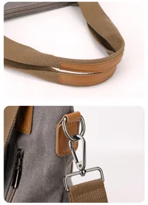 Canvas bag detail view, showing durable fabric, leather accents and sturdy metal hardware.