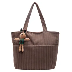 Stylish brown corduroy tote bag for women, large capacity shoulder handbag for daily work or school.