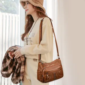 Women brown soft leather crossbody shoulder bag multi-pocket casual rivet design handbag