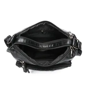 Black soft leather multi-compartment crossbody shoulder bag for women casual large capacity.