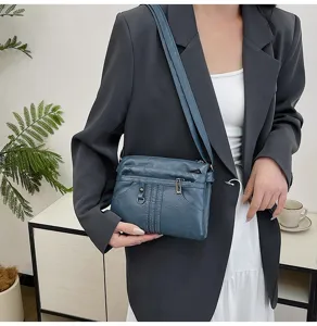 Washed soft leather crossbody bag with multi pockets, casual stylish shoulder bag for women.