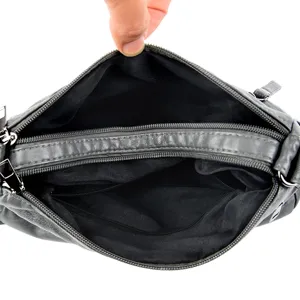 Women washed leather shoulder bag multi-pocket soft crossbody bag top interior view
