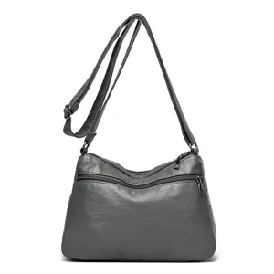 Grey washed leather women shoulder bag multi-pocket crossbody handbag main product view
