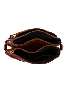 Brown multi-compartment leather crossbody shoulder bag top view showing interior zipper pockets