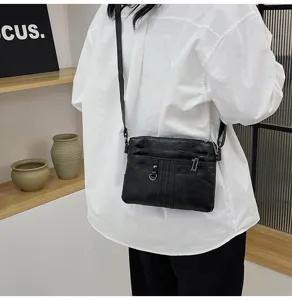 Washed soft leather crossbody bag, casual women shoulder bag with multi zippers for daily use.