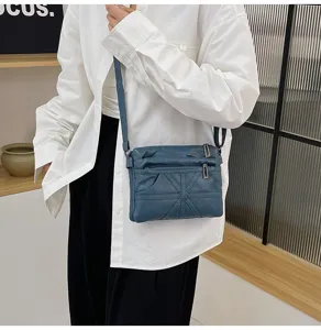 Women soft leather crossbody bag casual single shoulder messenger bag with multi pockets blue