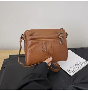 Washed soft leather crossbody bag, multi-zipper casual shoulder bag for women daily use.