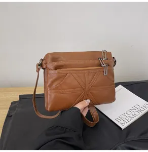 Brown soft leather women crossbody bag multi zipper casual shoulder bag daily use handbag