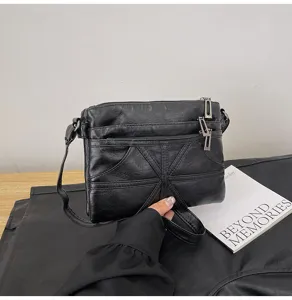 Black washed soft PU leather detail view, multi zipper small crossbody bag texture.