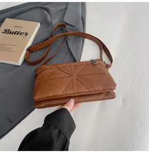 Washed soft leather crossbody bag, versatile vintage multi-pocket shoulder bag for women.