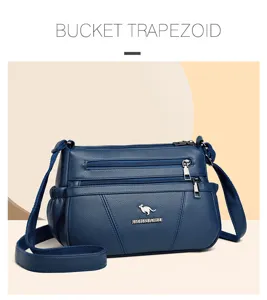 Detailed view of the blue soft leather multi-pocket shoulder bag with zipper compartments.