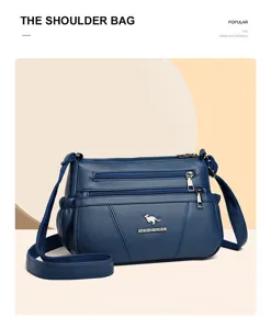 Stylish blue multi-compartment soft leather shoulder bag for women, large capacity design.