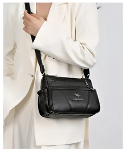 Women soft leather shoulder bag casual multi-pocket crossbody bag large capacity daily use
