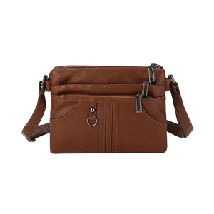 womens brown soft leather crossbody bag multi-pocket shoulder bag casual fashion everyday purse