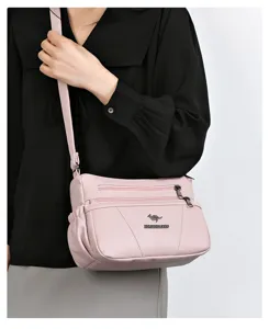 Women's soft leather multi-pocket shoulder crossbody bag, casual mom daily handbag, pink.
