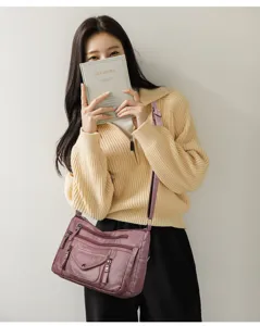 Mehrfache Tasche waschbar Leder Umhängetasche Damen lässig Schultertasche mit verstellbarem Gurt