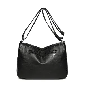 Schwarze Waschledertasche Umhängetasche, stilvolle Mehrschicht-Schultertasche für Damen.