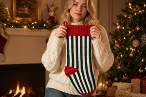 Primo piano di una calza di Natale in maglia a righe rosse e verdi tenuta da modella