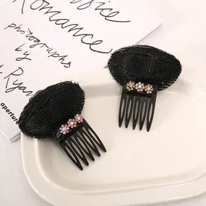 Black hair volume bump insert comb with rhinestone flowers, invisible hair root lifter style.