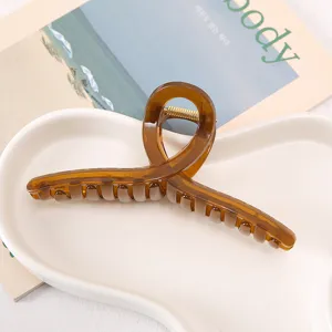 Oversized retro brown acrylic hair claw clip, elegant shark clip for thick hair styling.