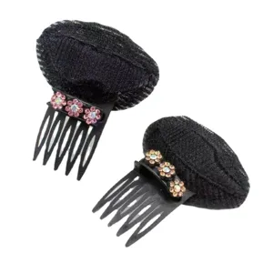 Main image of black hair volume insert clips with sparkling rhinestone flower decor for styling.