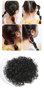 Close-up details of high elastic hair ties for kids, showing stretch and various cute hairstyles.