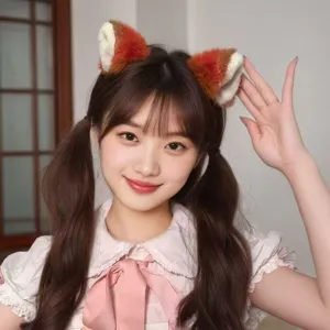 Plush fox ears headband detail, soft faux fur animal hair hoop for cute cosplay party photography.