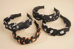 Halloween knotted fabric headband ghost spider web print women hair hoop accessory