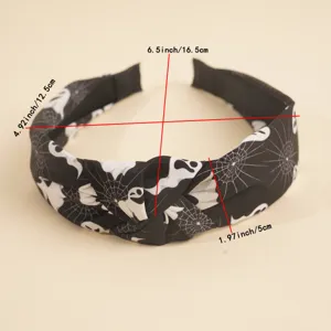 Halloween ghost spiderweb pattern knotted headband detail view with clear dimensions.