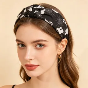 Halloween black ghost spiderweb printed knotted fabric headband detail view accessory