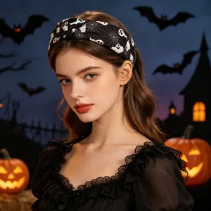 Halloween ghost spider web print knotted headband for women holiday fashion hair accessory