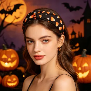 Detail view of Halloween candy corn printed fabric knotted headband for festive wear.