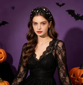 Halloween black star pattern knot headband detail view, holiday fashion hair accessory scene.