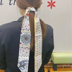Long silk hair ribbon scarf for women, elegant floral and star pattern hair tie ponytail holder.