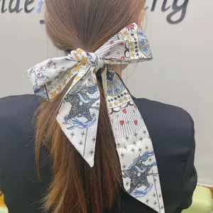 Elegant celestial print hair scarf ribbon, stylish long bow hair tie for women and girls.