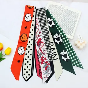 Fashion Satin Hair Band Scarf For Women Long Ribbon Ponytail Holder Printed Neck Scarf Houndstooth Floral Headwrap