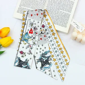 Chic tarot print silk twilly scarf for women hair band stylish bag ribbon neckerchief.