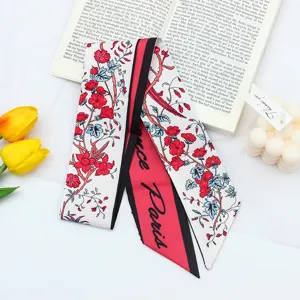 Floral print long hair ribbon twilly scarf for women, elegant chic neck scarf hair accessory.