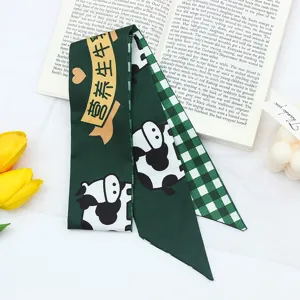Green cow pattern ribbon scarf for women hair styling fashion cute hair accessory daily wear