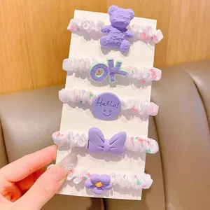 Cute cartoon hair ties set for kids, sweet fabric scrunchies with lovely charms detail.