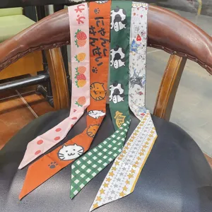 Women fashion long hair scarf cute cartoon print hair ribbon neck bow stylish twilly accessory