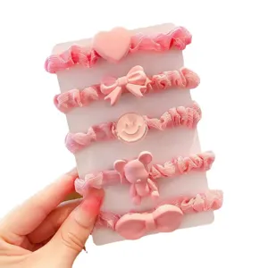Cute pink hair ties set for kids sweet style elastic scrunchies with lovely cartoon charms